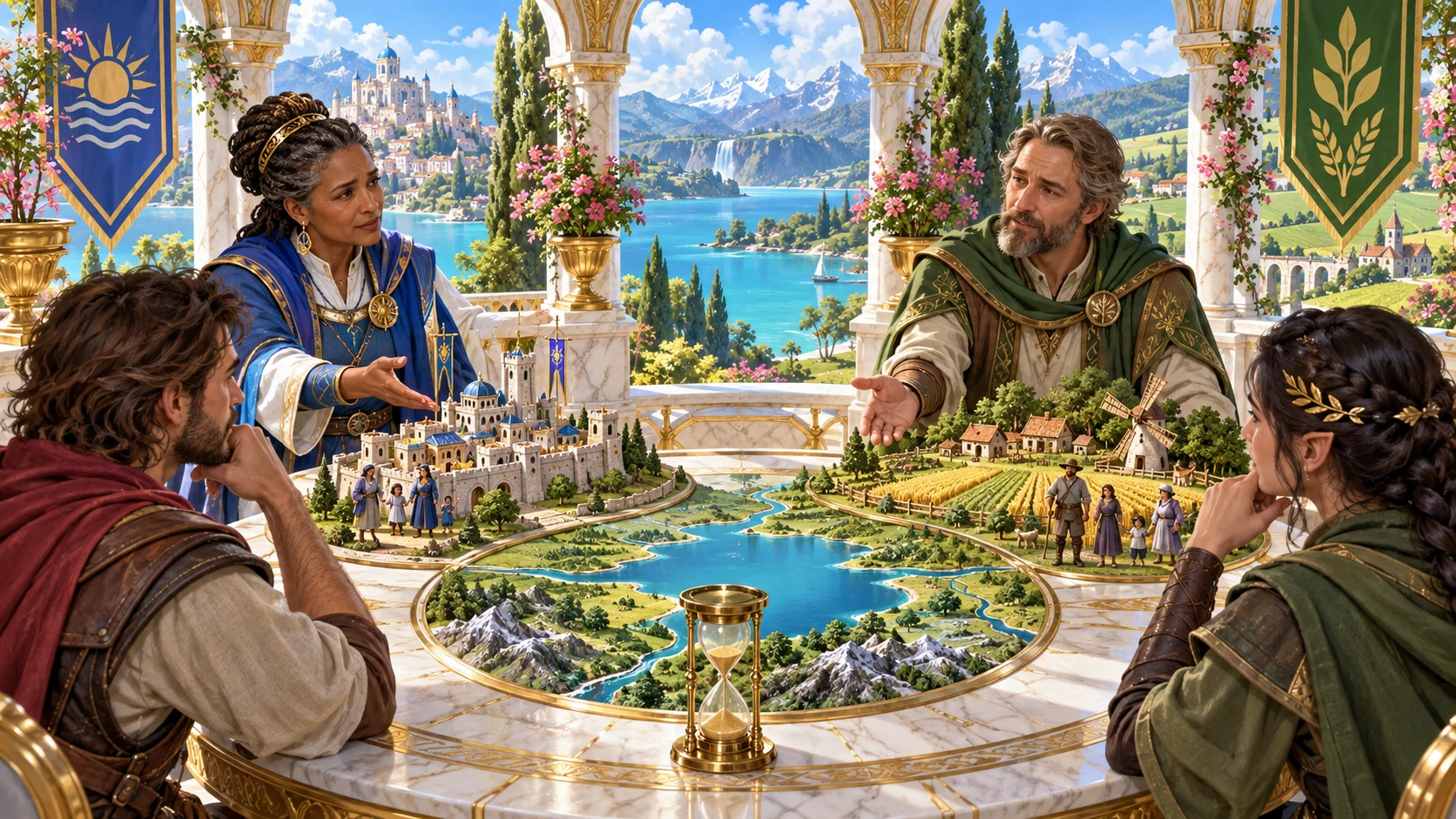 Fantasy companions consider two defensible views beside a tabletop city, farms, shared water map and hourglass.