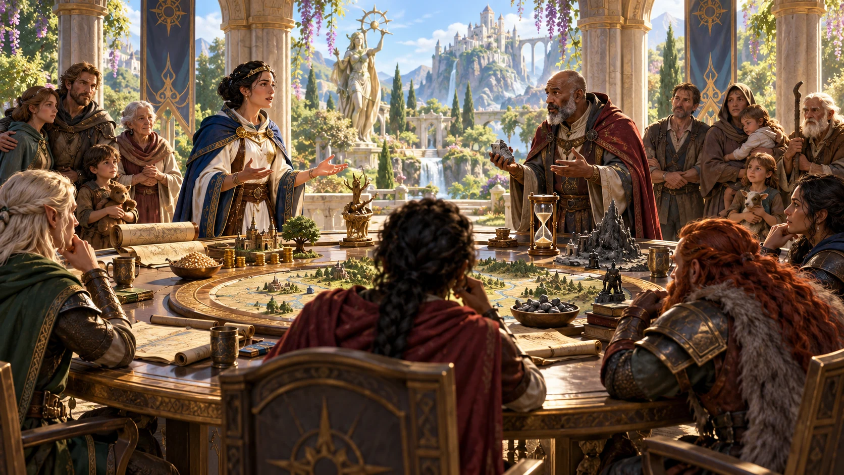 Two fantasy advocates present their sides to companions around a round table with an open decision.