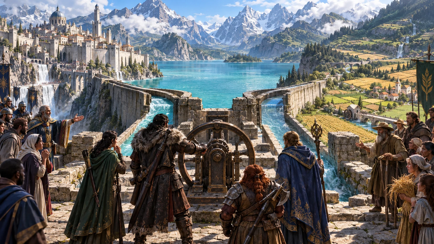 Fantasy advisers compare a reservoir, a city and a green valley while considering who bears each water-choice cost.